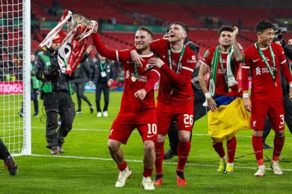 LONDON, ENGLAND - Sunday, February 25, 2024: Liverpool's Alexis Mac Allister (L) and Andy Robertson (R) celebrate with the trophy after the Football League Cup Final match between Chelsea FC and Liverpool FC at Wembley Stadium. Liverpool won 1-0 after extra-time. (Photo by David Rawcliffe/Propaganda)